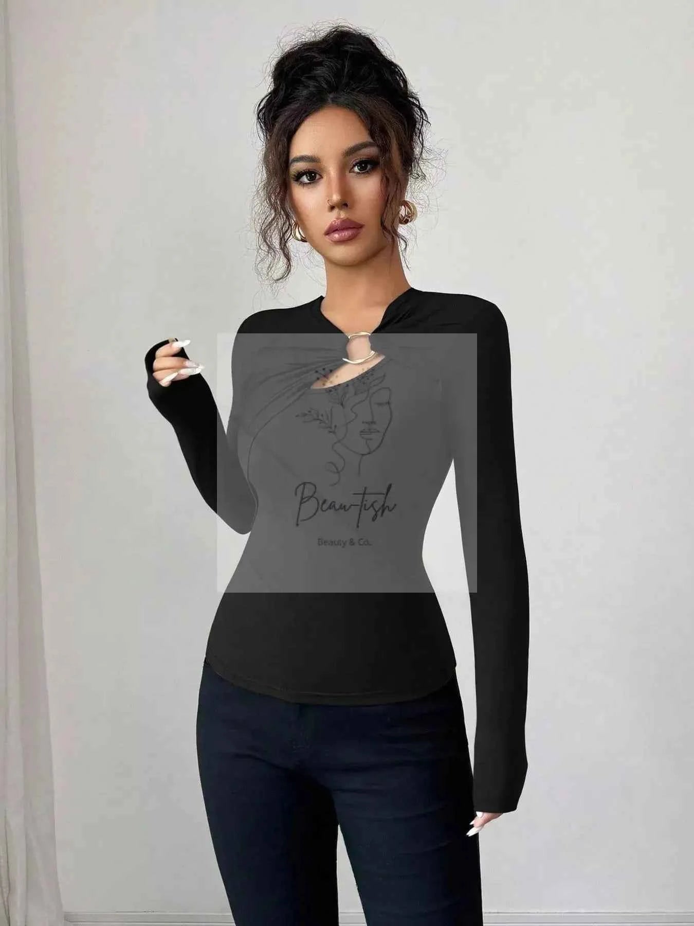 Twist Front Ring Detail Long Sleeve T-Shirt