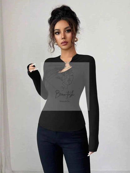 Twist Front Ring Detail Long Sleeve T-Shirt