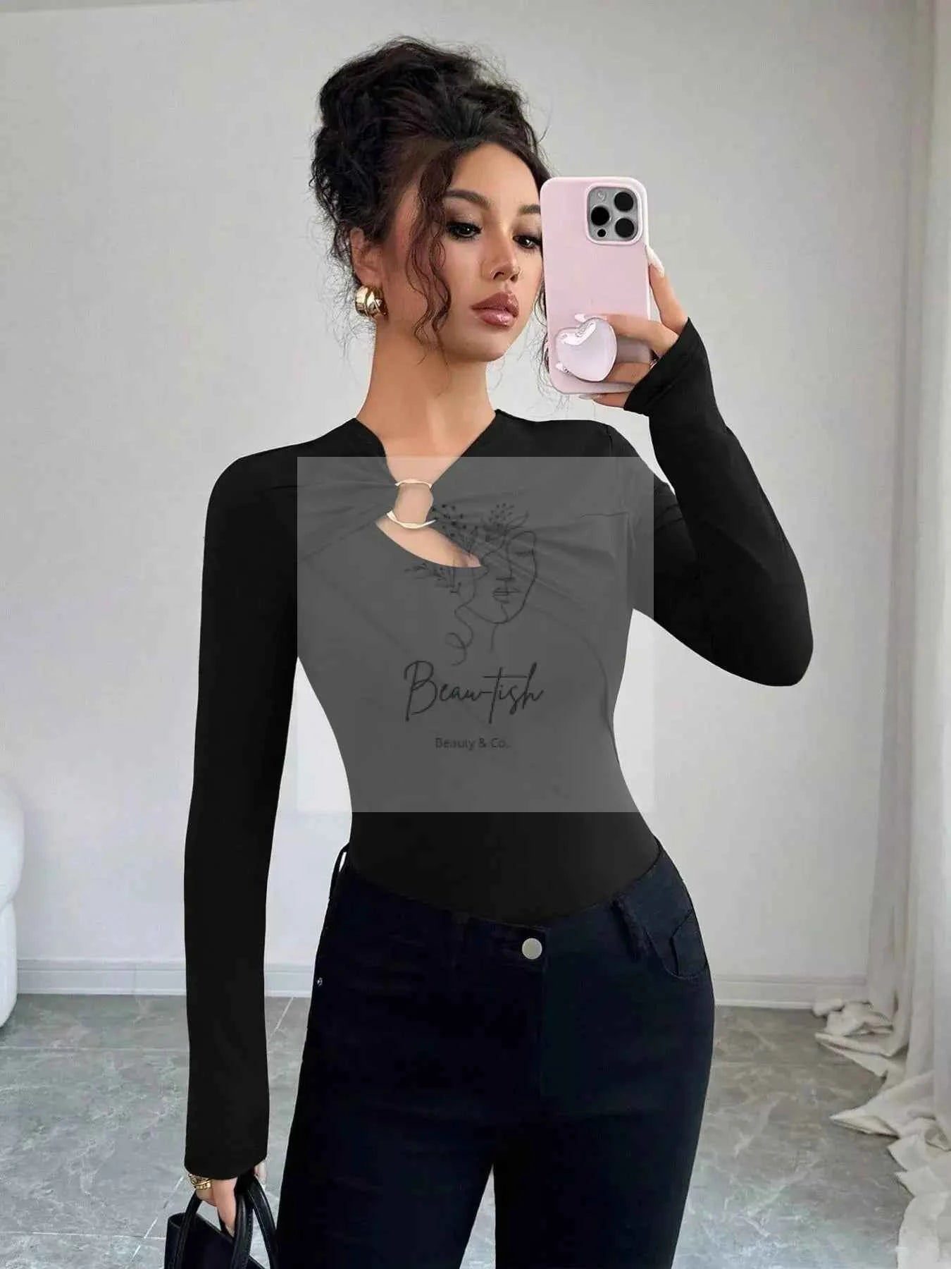 Twist Front Ring Detail Long Sleeve T-Shirt