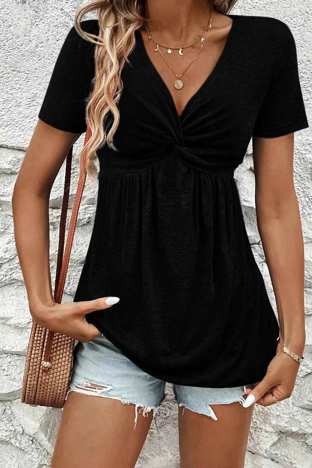 Twist Front V-Neck Short Sleeve Casual Blouse