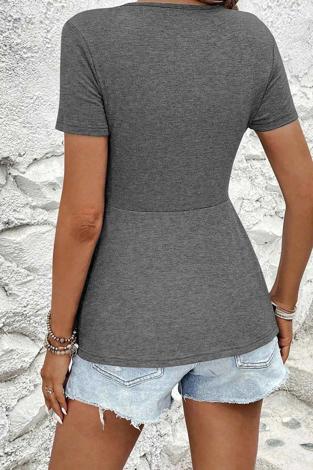 Twist Front V-Neck Short Sleeve Casual Blouse
