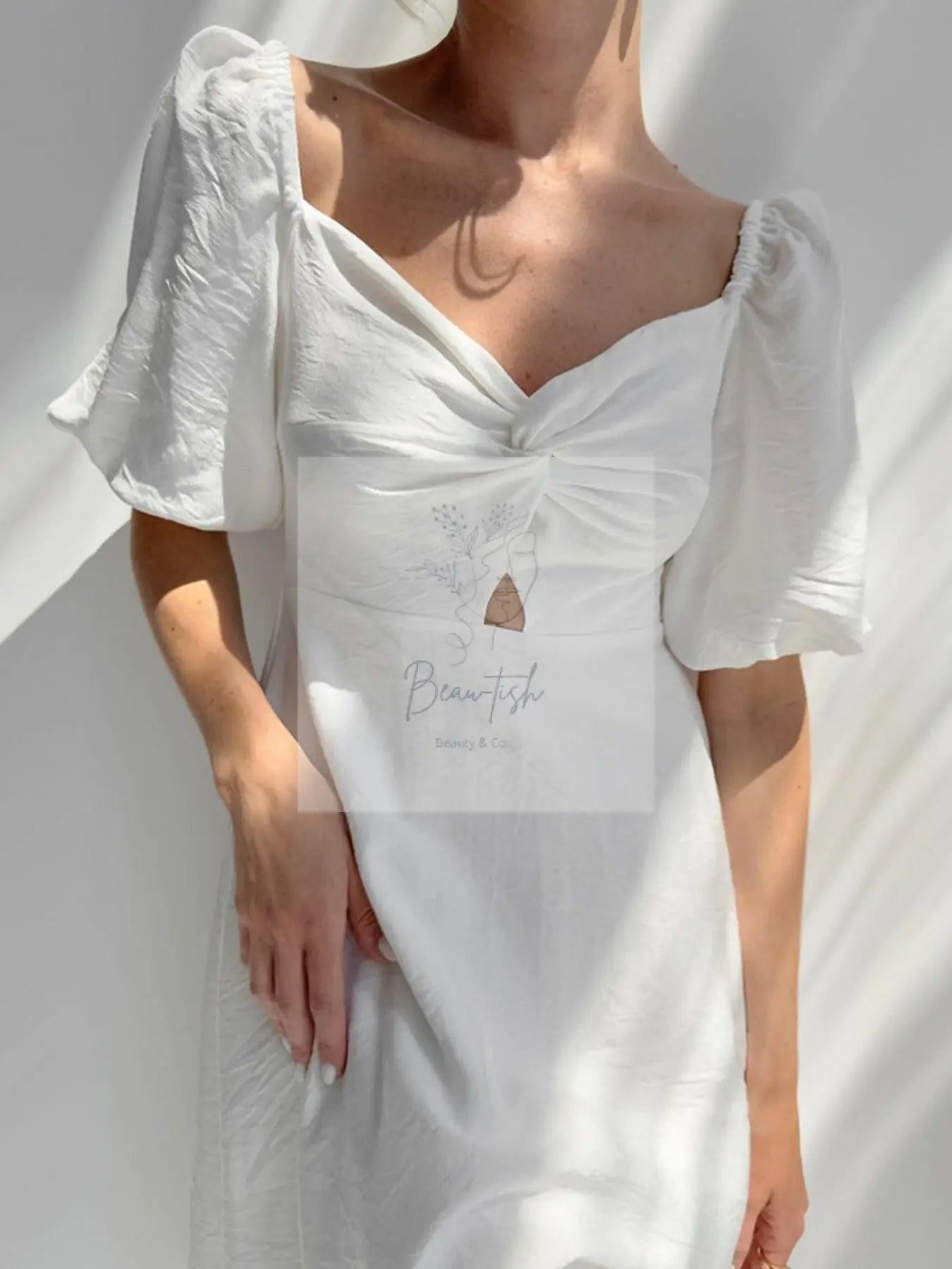 Twisted Front Puff Sleeve Midi Dress
