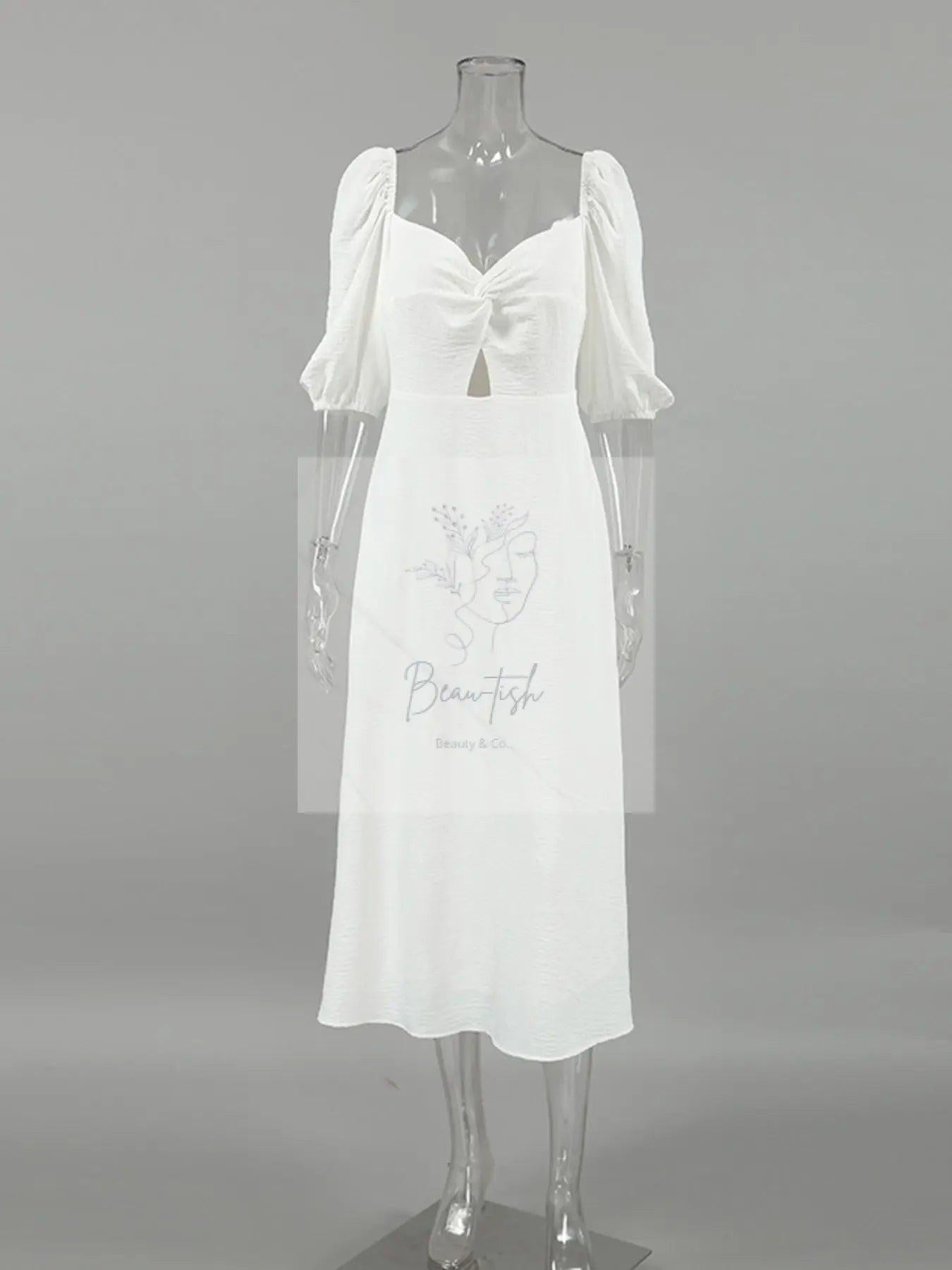 Twisted Front Puff Sleeve Midi Dress