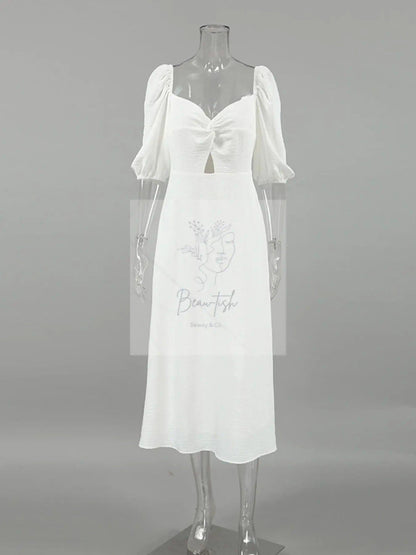 Twisted Front Puff Sleeve Midi Dress