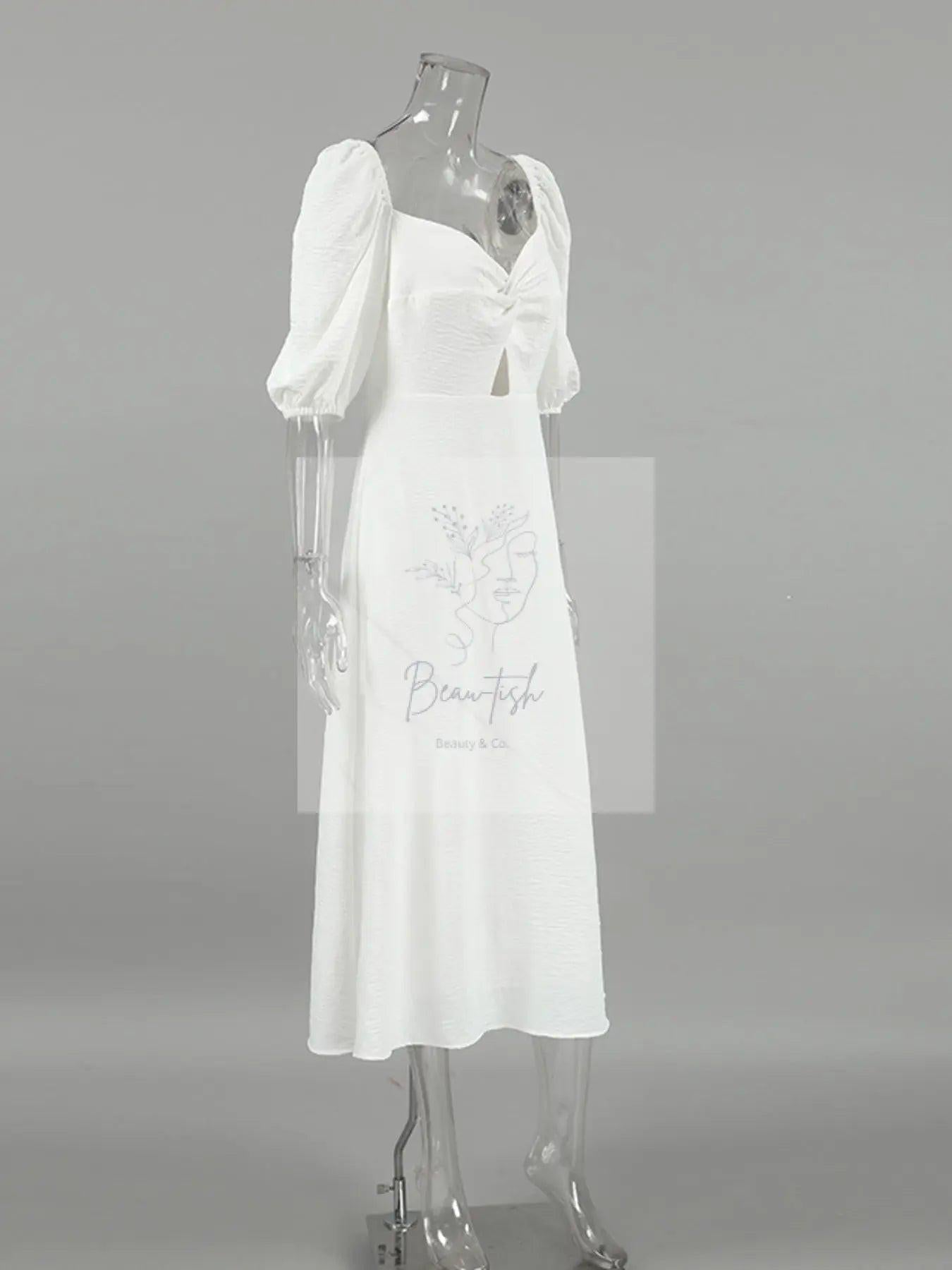 Twisted Front Puff Sleeve Midi Dress