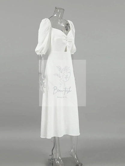 Twisted Front Puff Sleeve Midi Dress