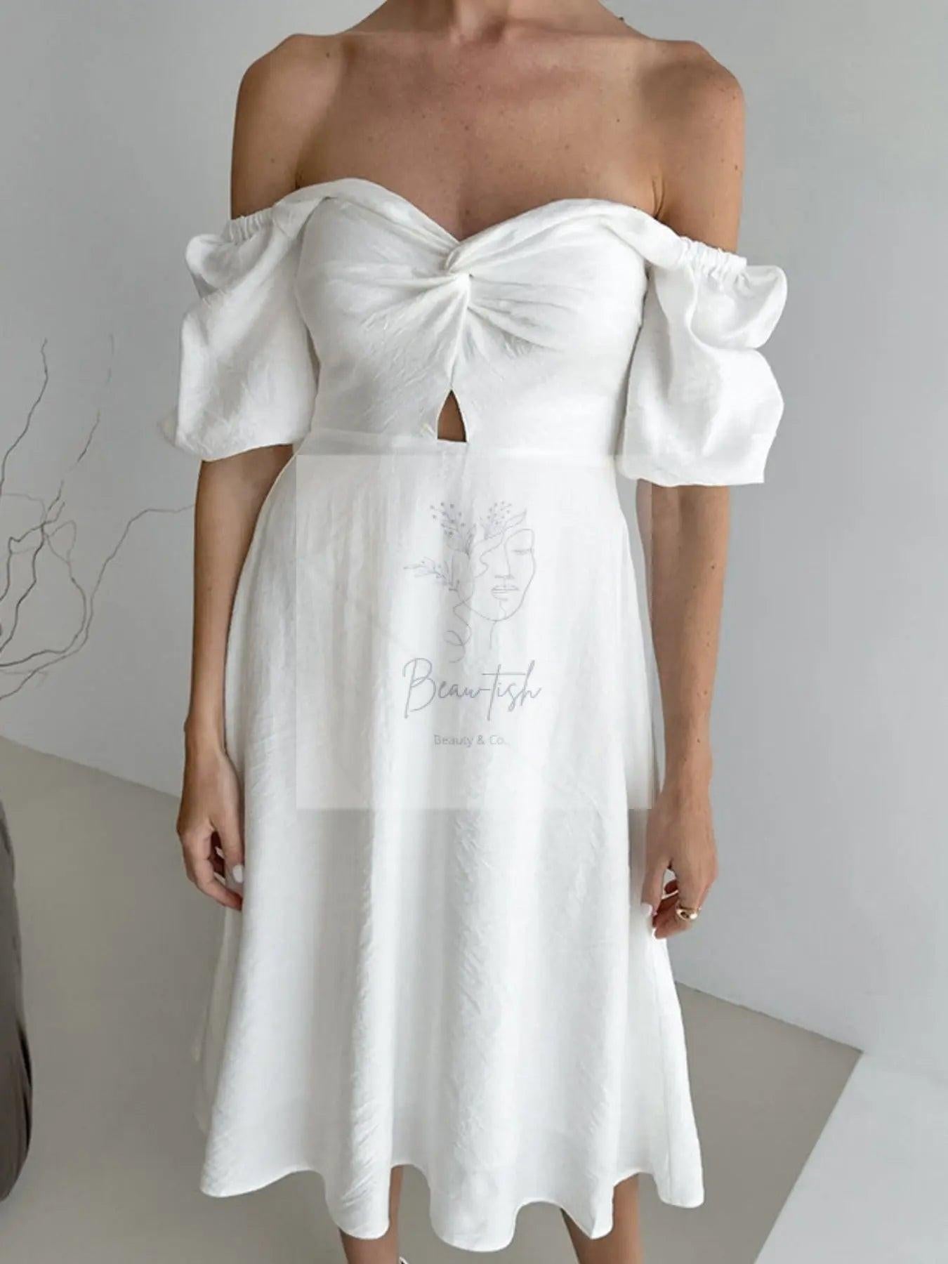 Twisted Front Puff Sleeve Midi Dress