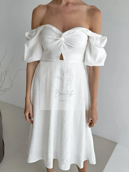 Twisted Front Puff Sleeve Midi Dress