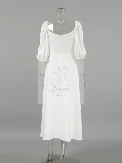 Twisted Front Puff Sleeve Midi Dress