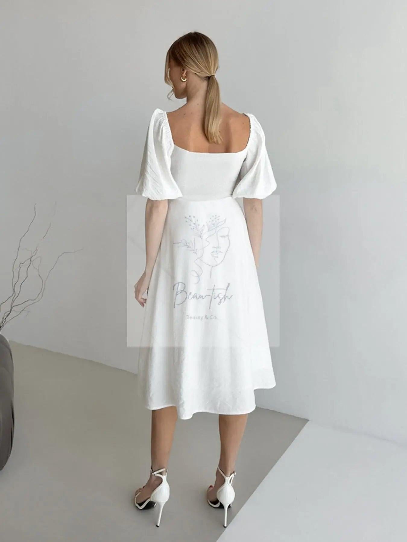 Twisted Front Puff Sleeve Midi Dress