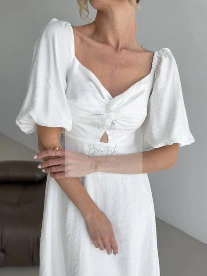 Twisted Front Puff Sleeve Midi Dress