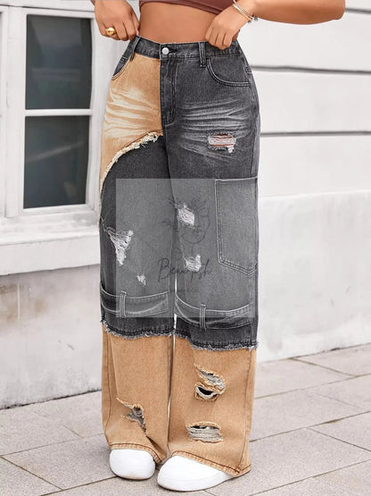 Two-Tone Ripped Wide Leg Jeans