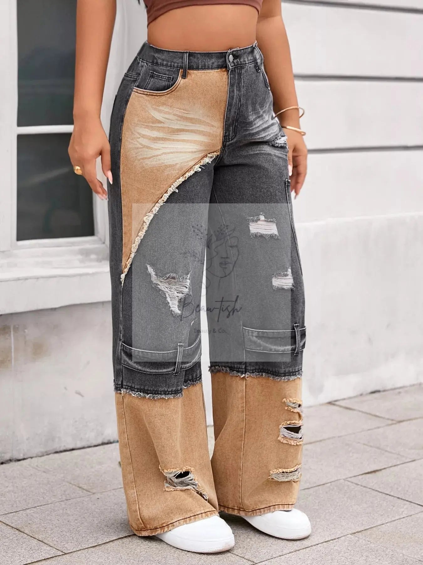 Two-Tone Ripped Wide Leg Jeans