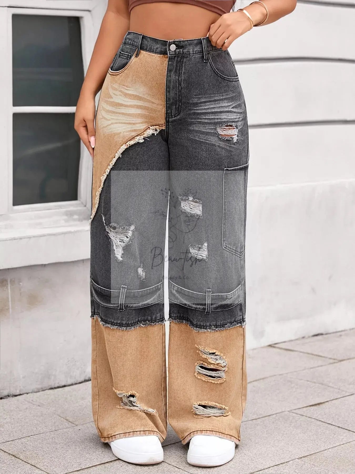 Two-Tone Ripped Wide Leg Jeans