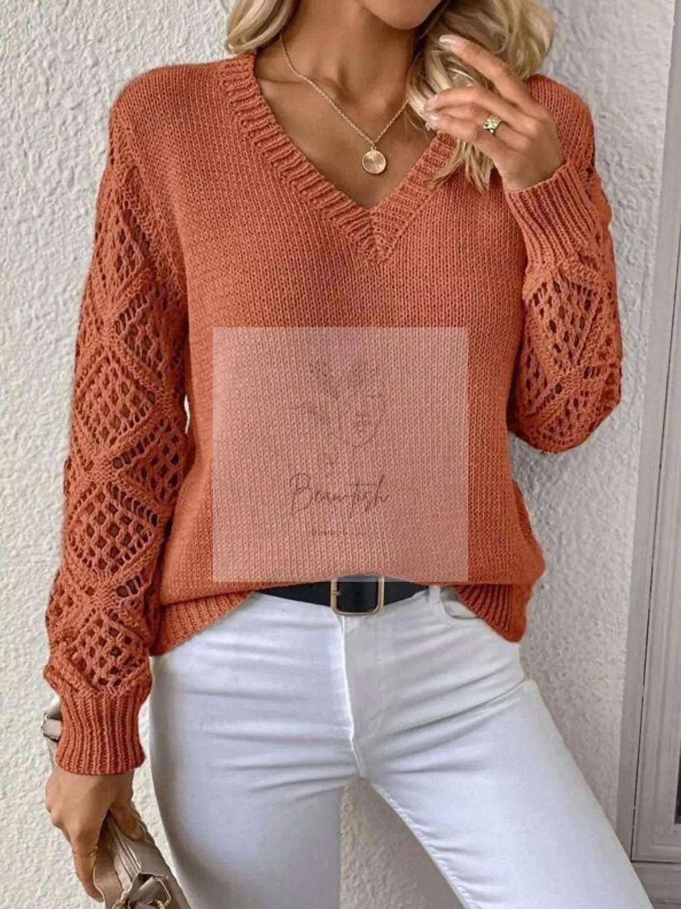V-Neck Hollow-Out Sleeve Knit Sweater