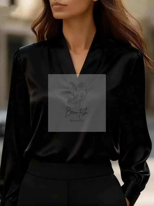 V-Neck Long Sleeve Satin Blouse