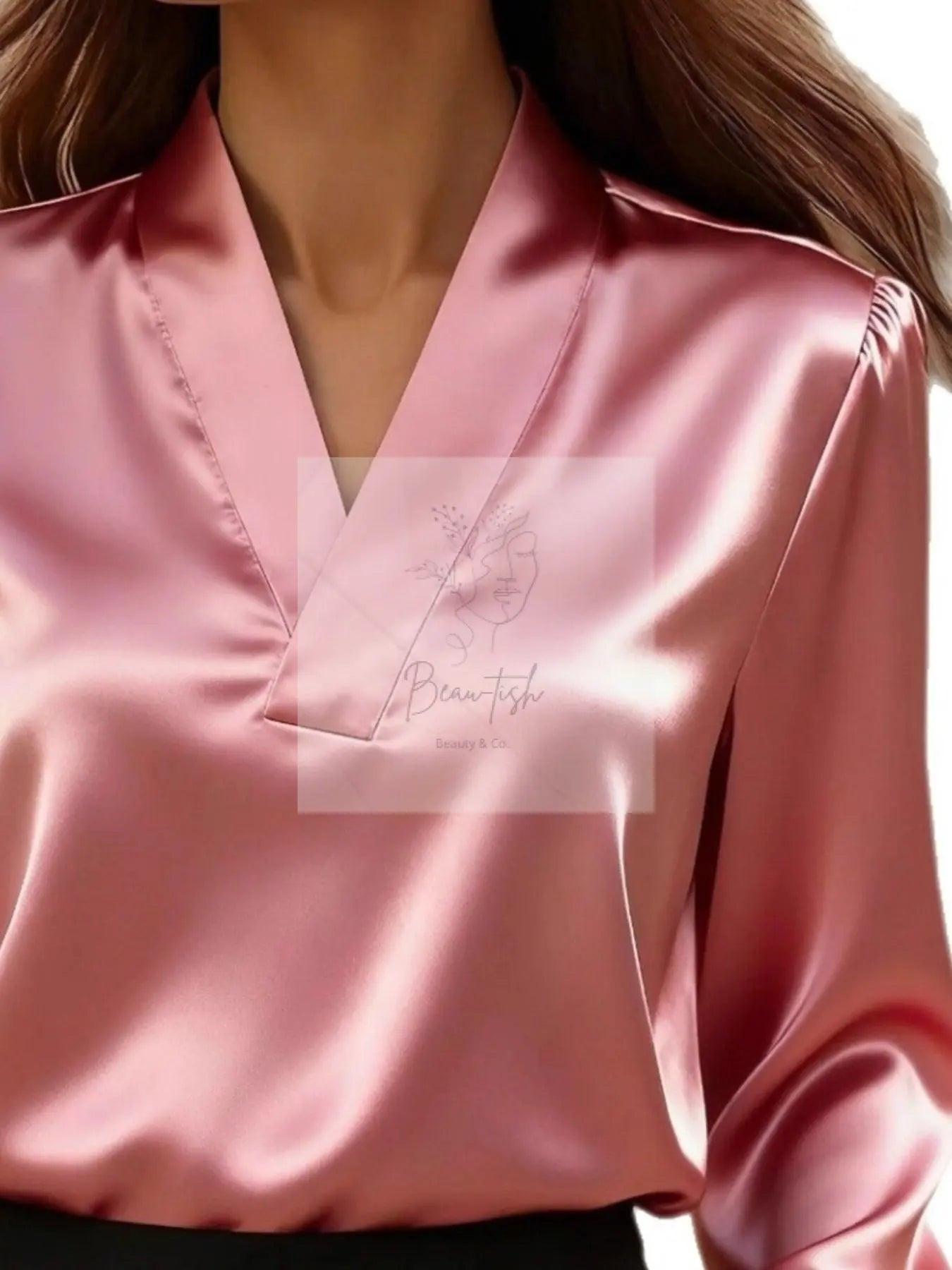 V-Neck Long Sleeve Satin Blouse