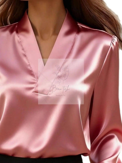 V-Neck Long Sleeve Satin Blouse