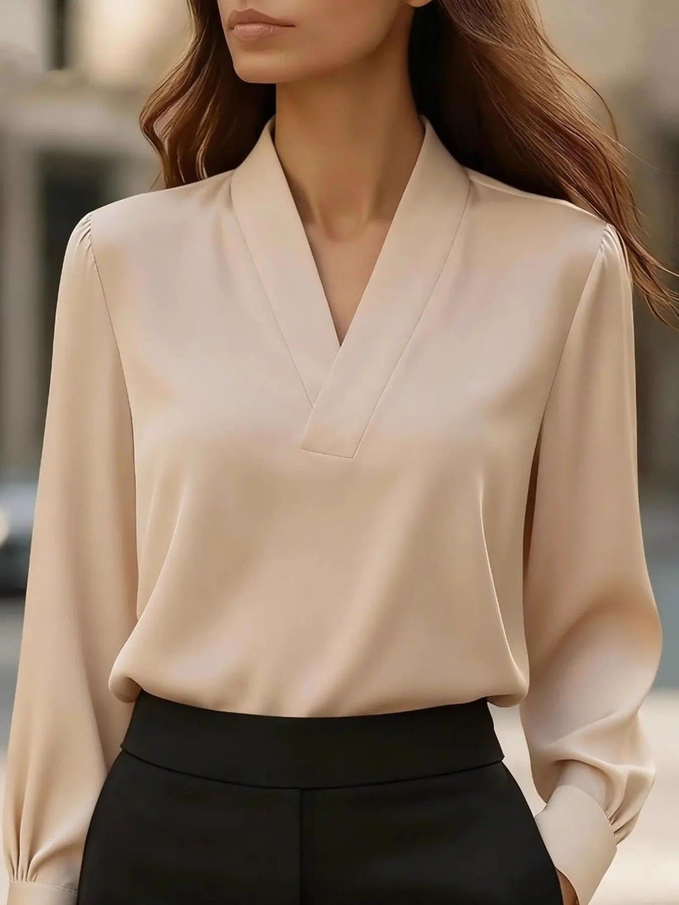 V-Neck Long Sleeve Satin Blouse
