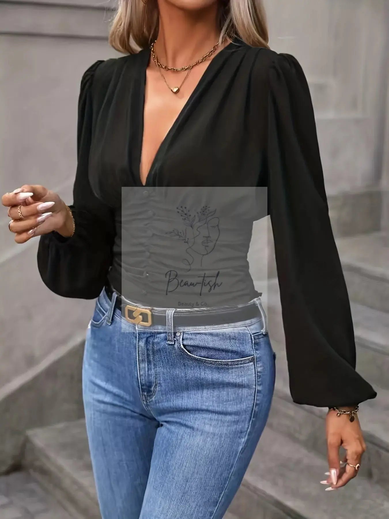 V-Neck Ruched Long Sleeve Blouse