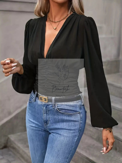 V-Neck Ruched Long Sleeve Blouse