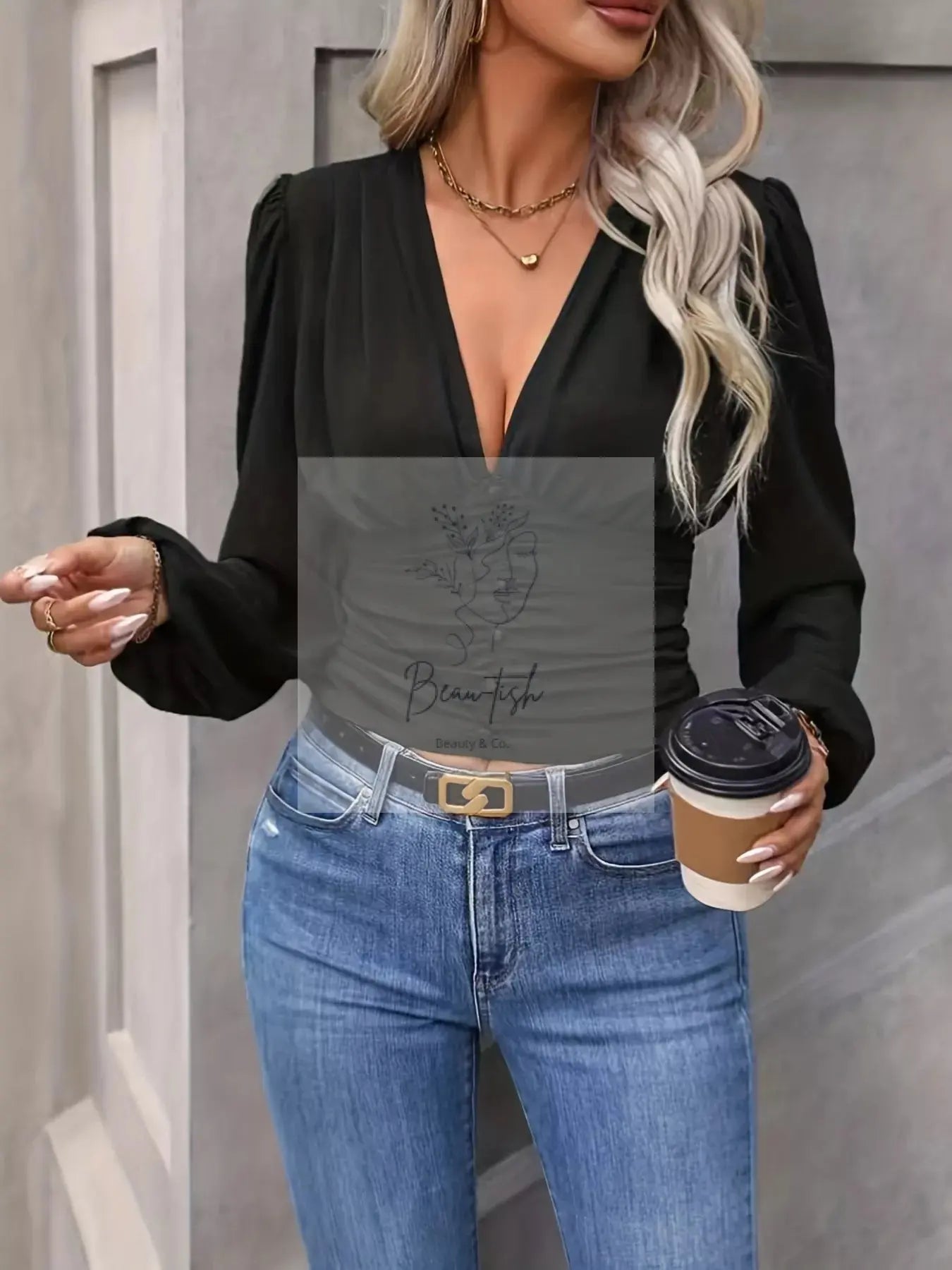 V-Neck Ruched Long Sleeve Blouse