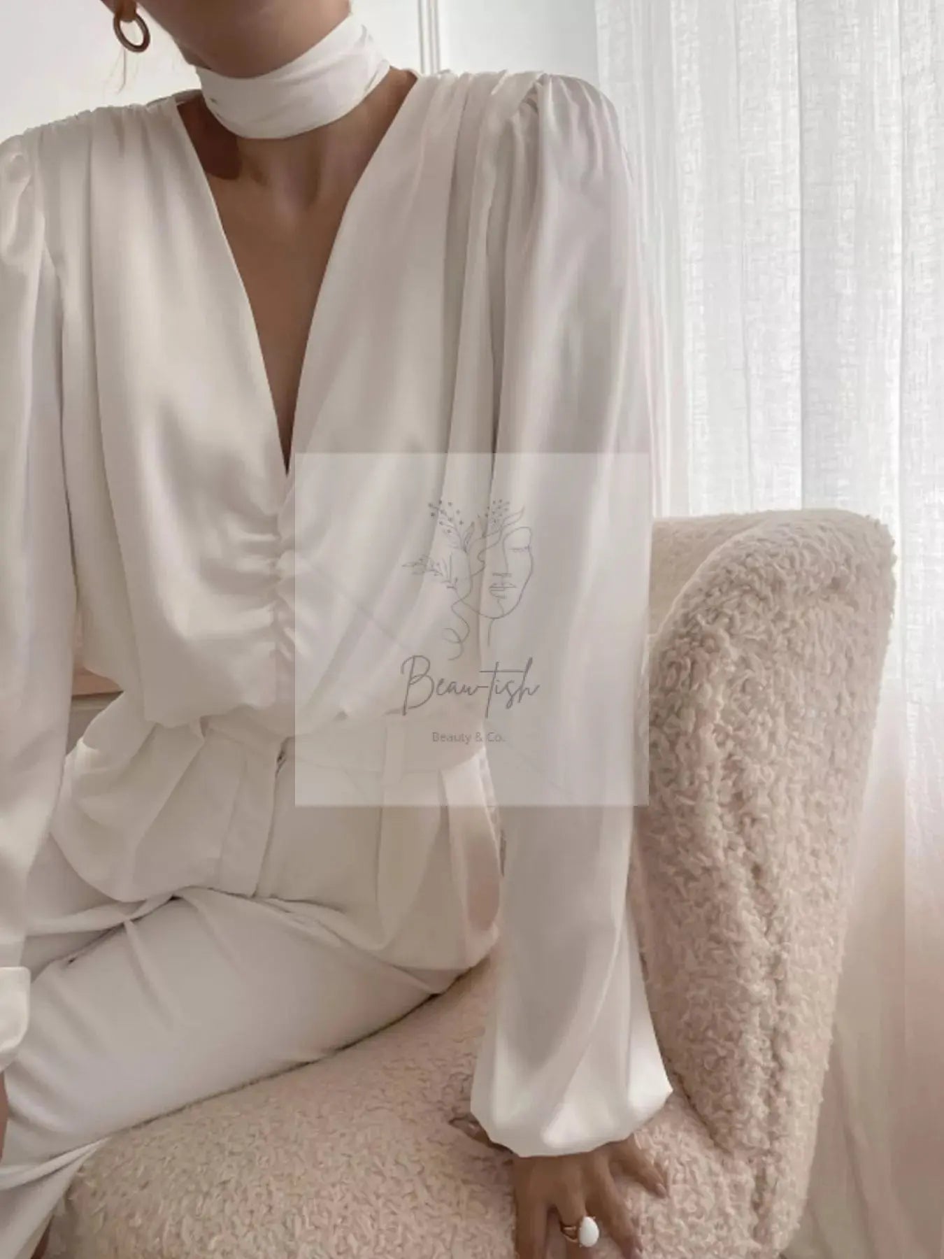 V-Neck Ruched Long Sleeve Blouse