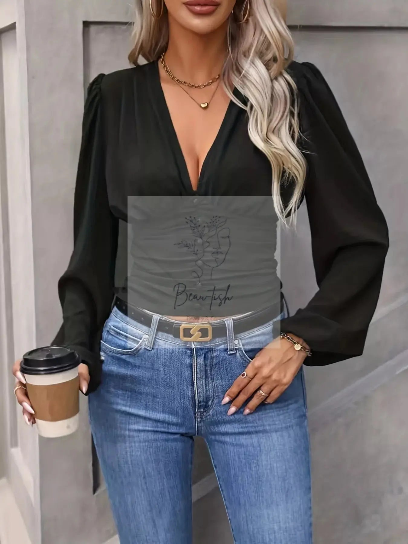 V-Neck Ruched Long Sleeve Blouse