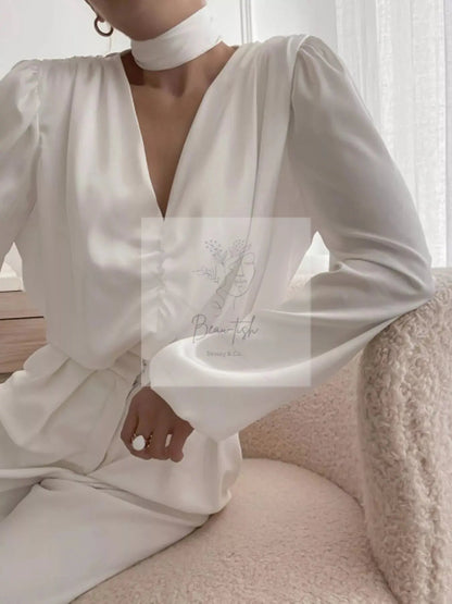 V-Neck Ruched Long Sleeve Blouse