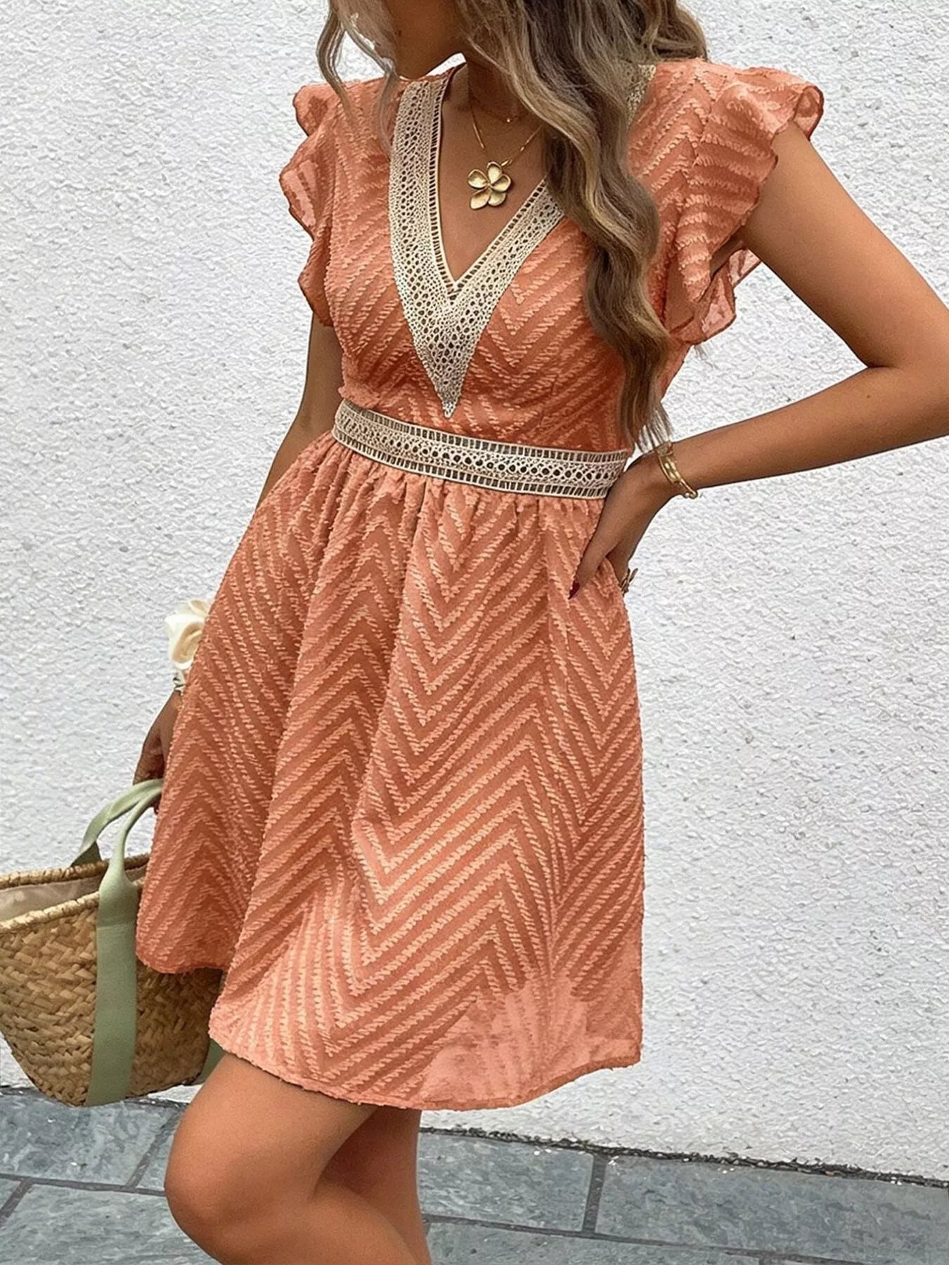 Ruffle Sleeve V-Neck Dress
