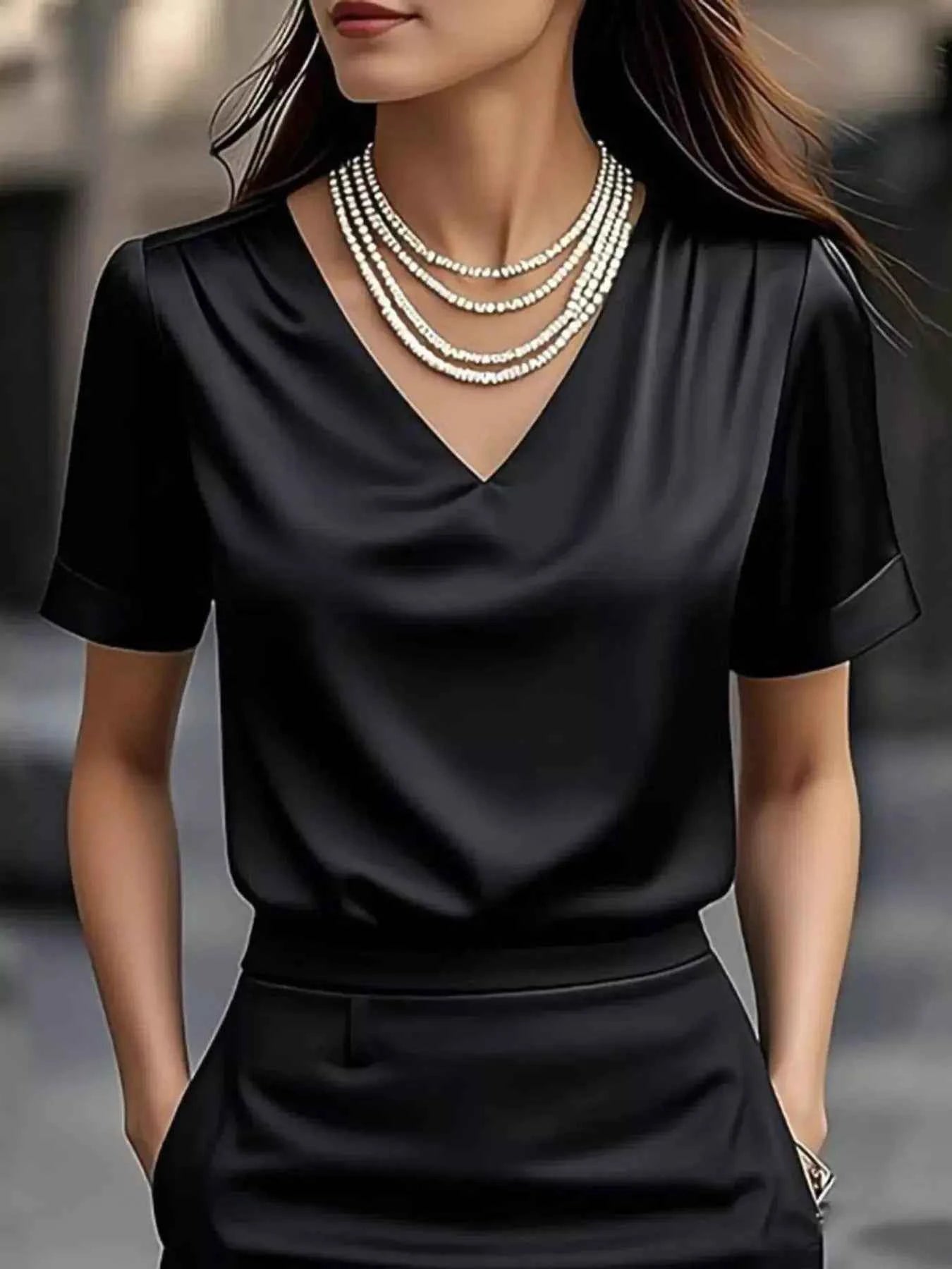 V-Neck Short Sleeve Satin Blouse