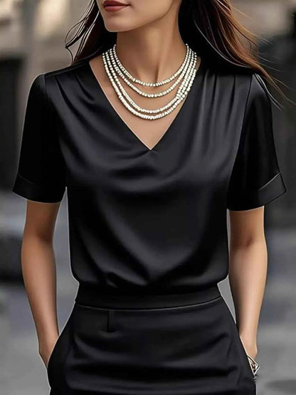 V-Neck Short Sleeve Satin Blouse