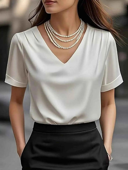 V-Neck Short Sleeve Satin Blouse