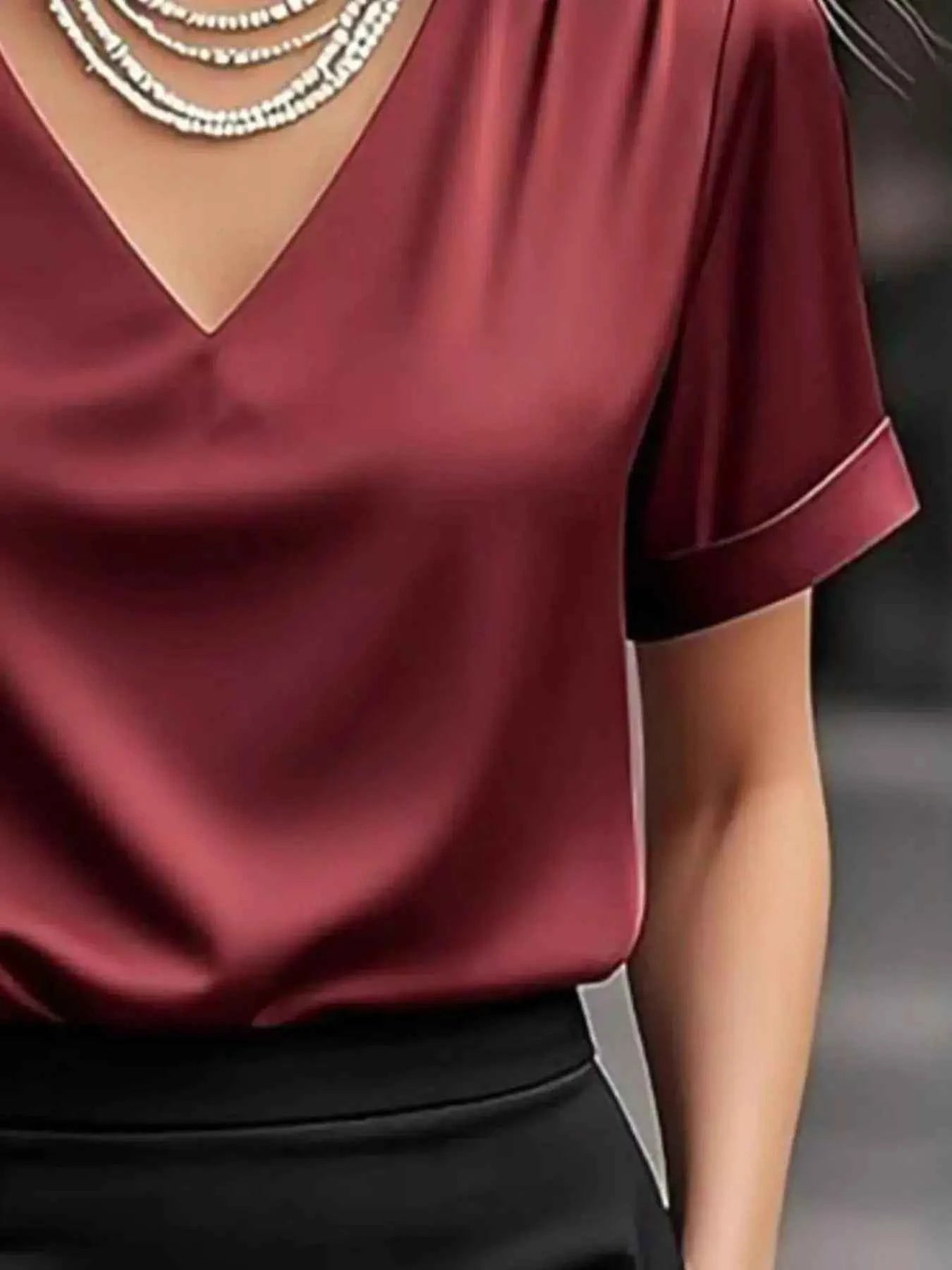 V-Neck Short Sleeve Satin Blouse