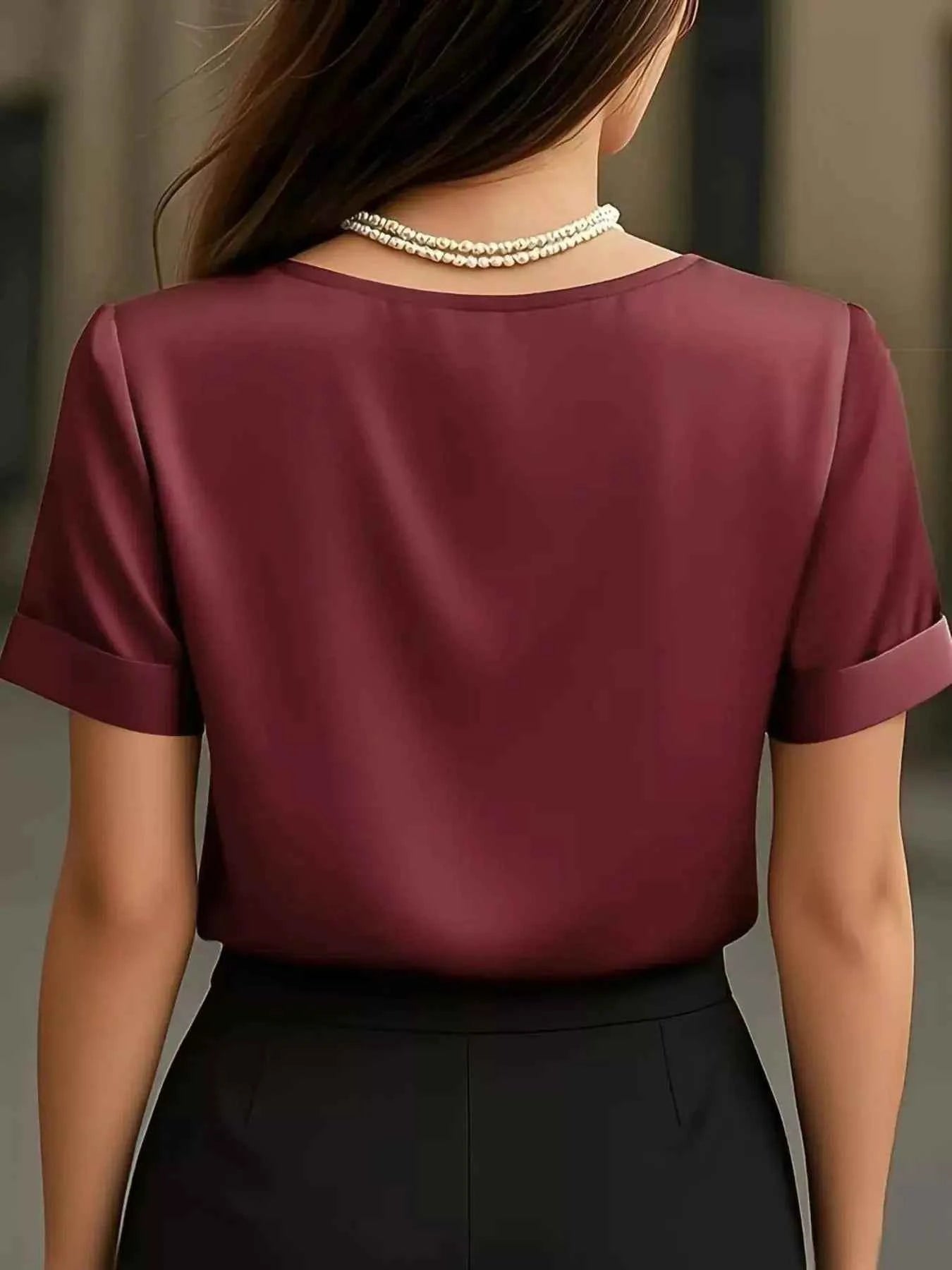 V-Neck Short Sleeve Satin Blouse