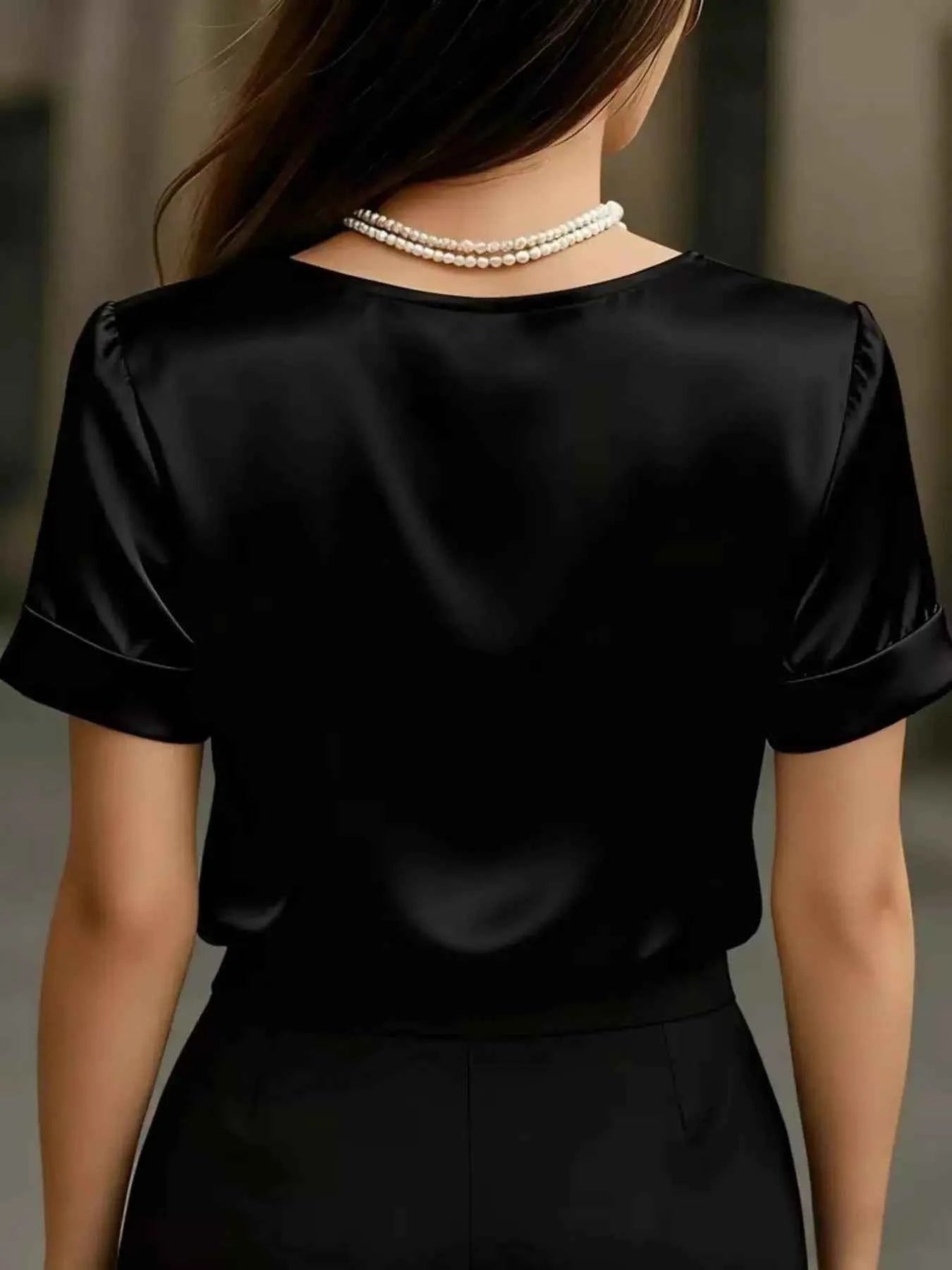 V-Neck Short Sleeve Satin Blouse