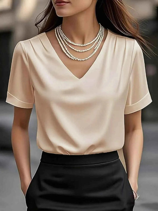 V-Neck Short Sleeve Satin Blouse
