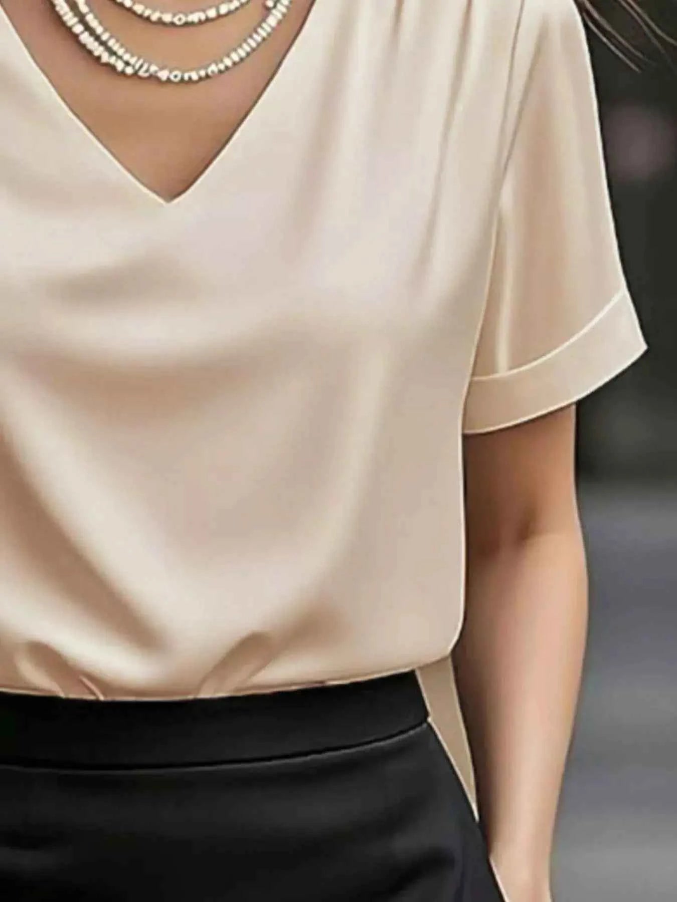 V-Neck Short Sleeve Satin Blouse