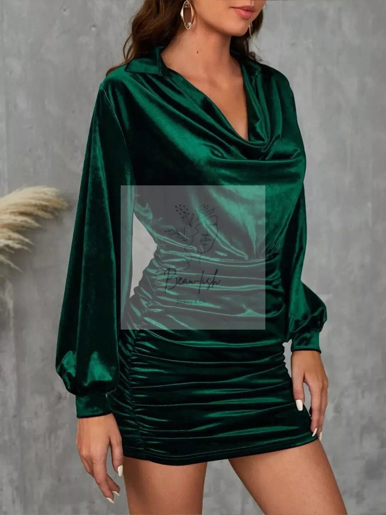 Velvet Cowl Neck Ruched Mini Dress