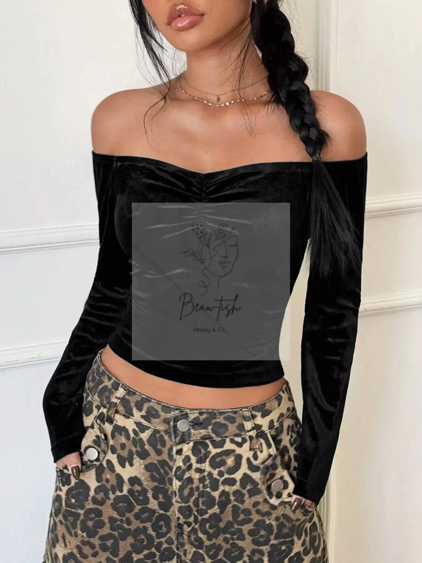 Velvet Off-Shoulder Long Sleeve T-Shirt