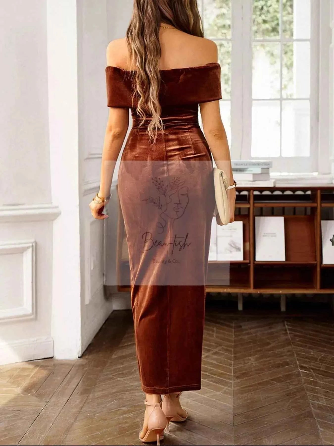 Velvet Off - Shoulder Ruched Midi Dress