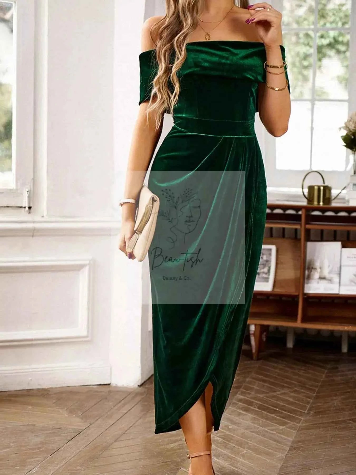 Velvet Off - Shoulder Ruched Midi Dress