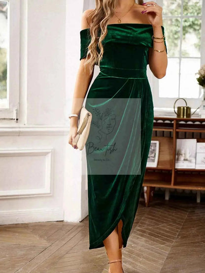 Velvet Off - Shoulder Ruched Midi Dress