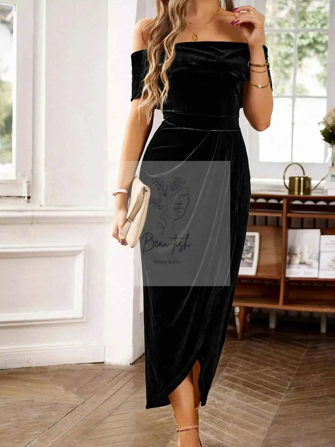 Velvet Off - Shoulder Ruched Midi Dress