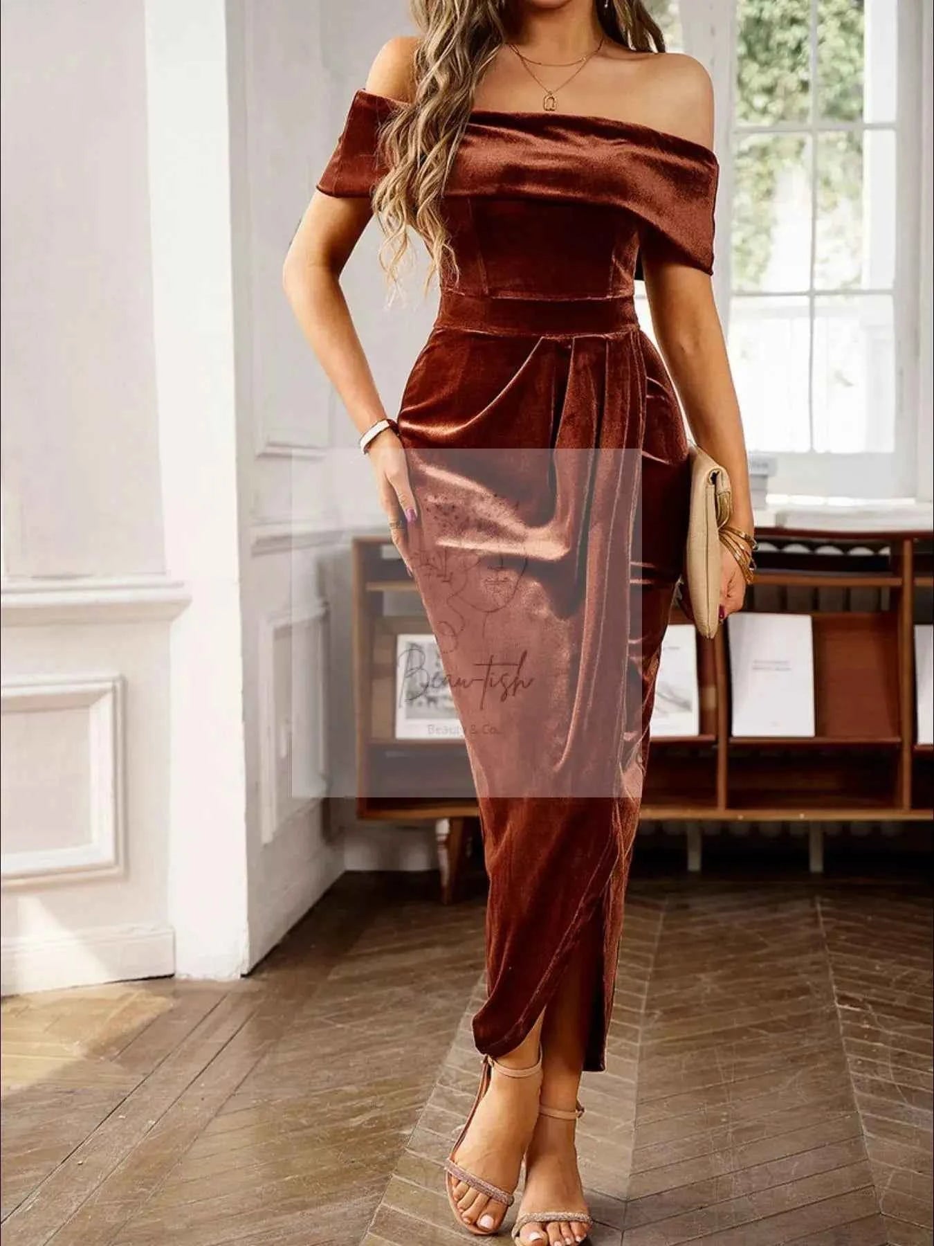 Velvet Off - Shoulder Ruched Midi Dress
