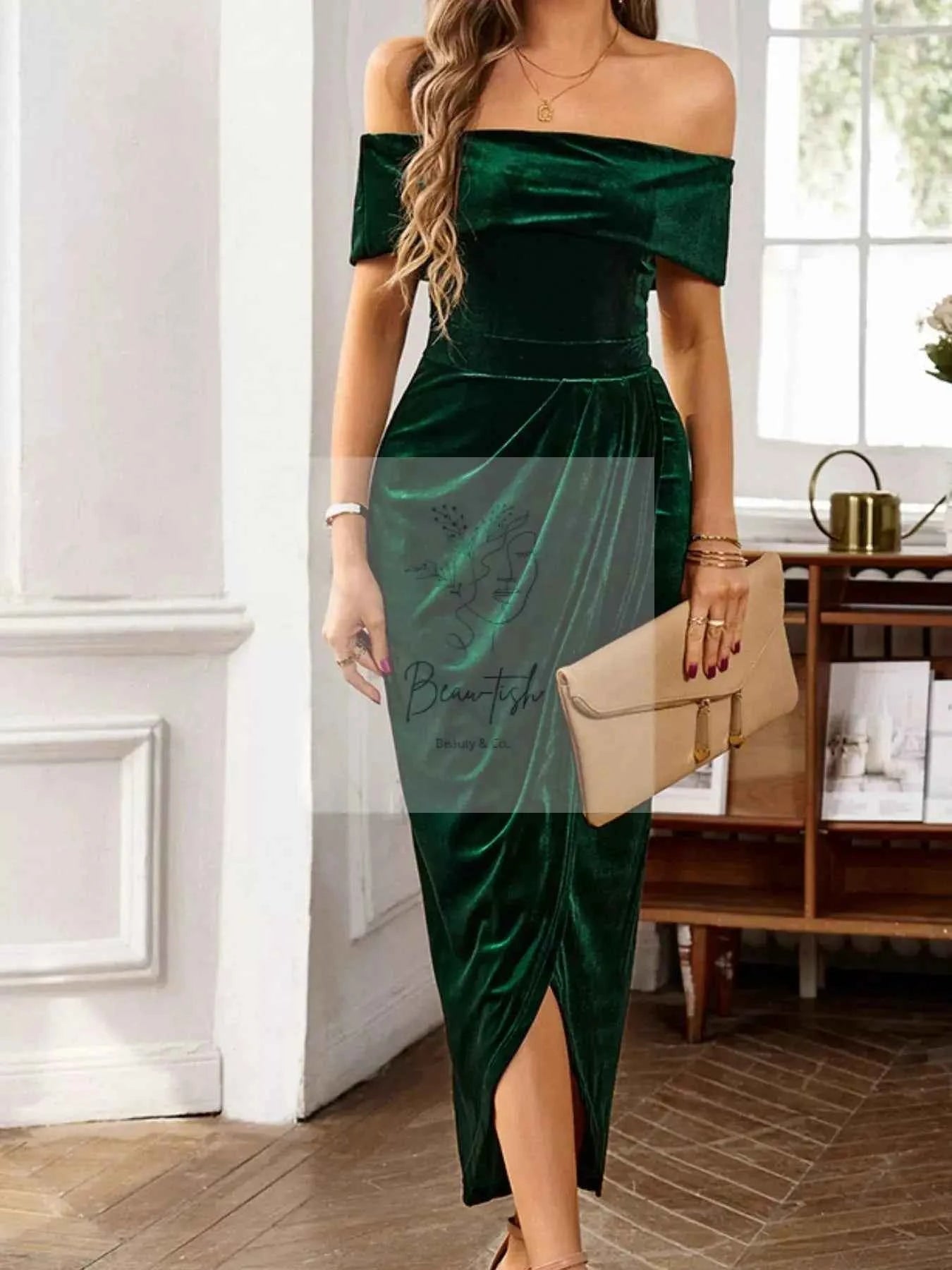 Velvet Off - Shoulder Ruched Midi Dress