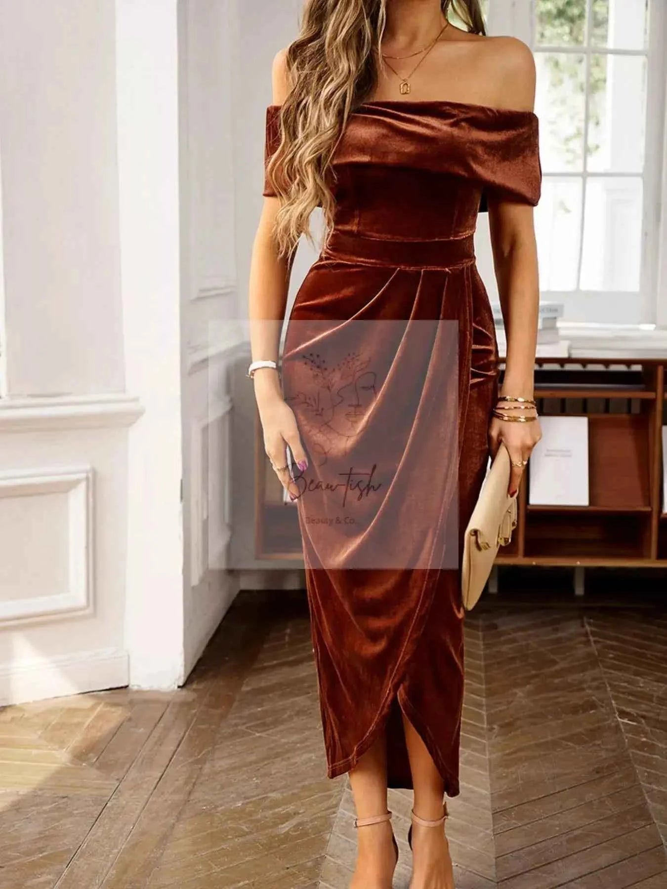 Velvet Off - Shoulder Ruched Midi Dress