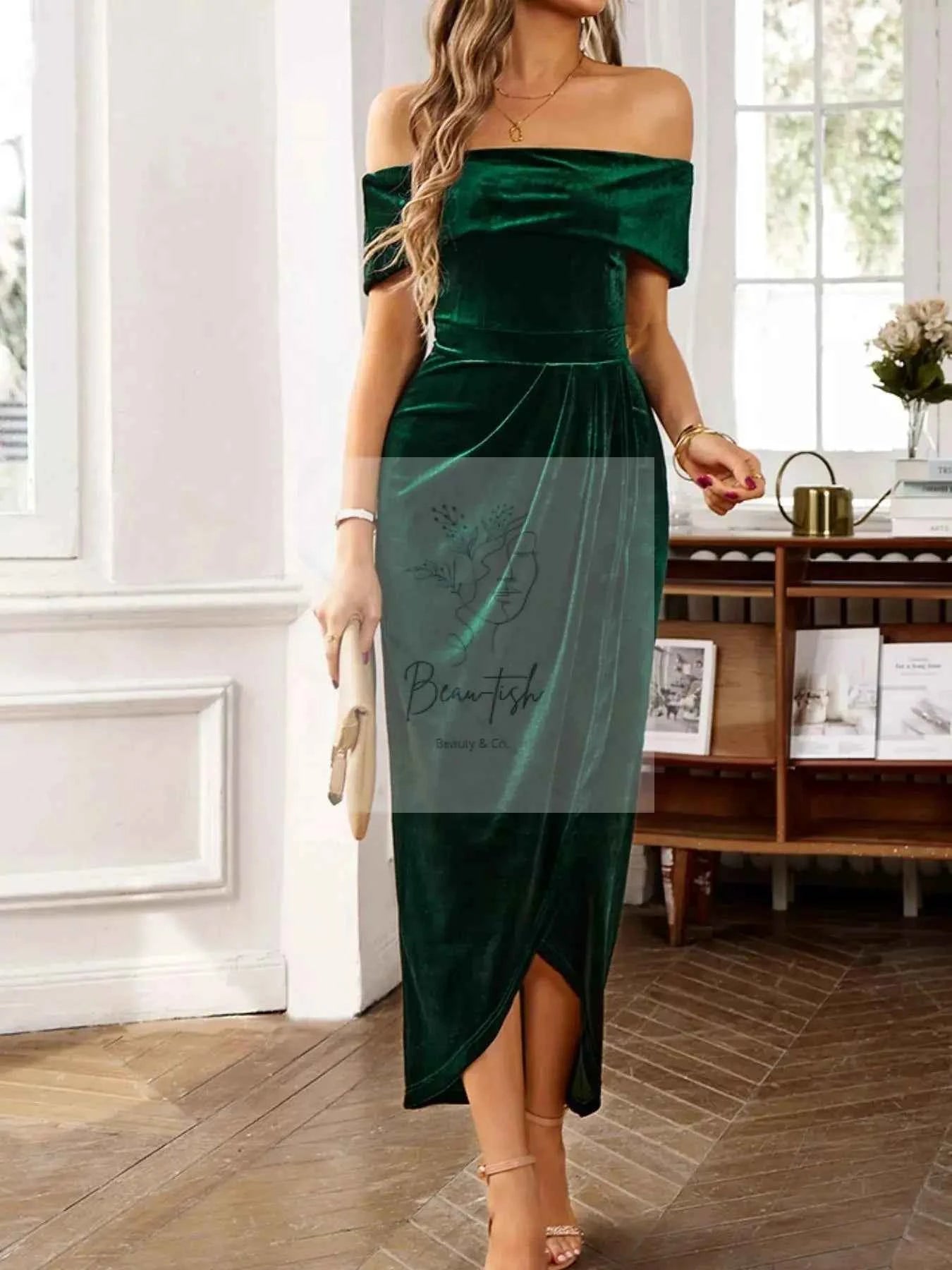 Velvet Off - Shoulder Ruched Midi Dress