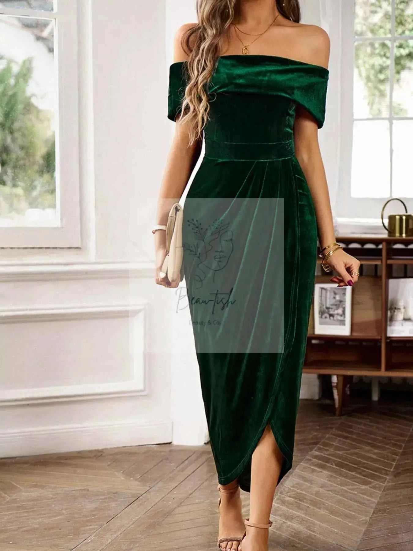 Velvet Off - Shoulder Ruched Midi Dress