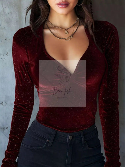 Velvet Ruched Long Sleeve T-Shirt
